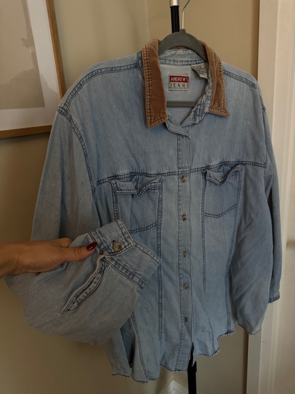 Andrews Jeans Light Wash Denim Shirt Jacket with Brown Corduroy Collar